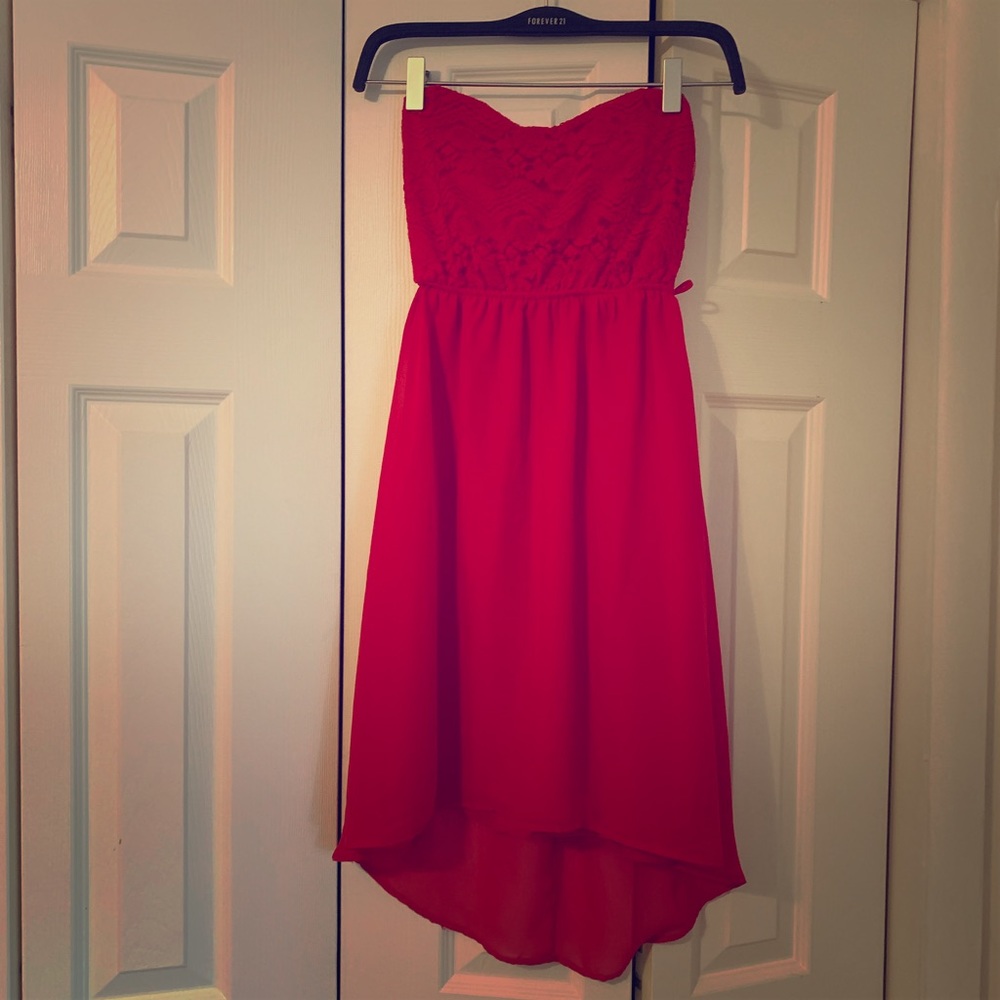 Red strapless high-low (hi-lo) dress